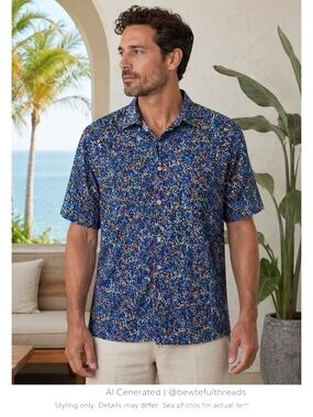 Blue Abstract Print Stretch Camp Shirt Men’s Large Casual Resort Button Up